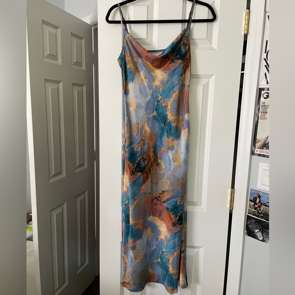 Micas Abstract Print Backless Midi Slip Dress